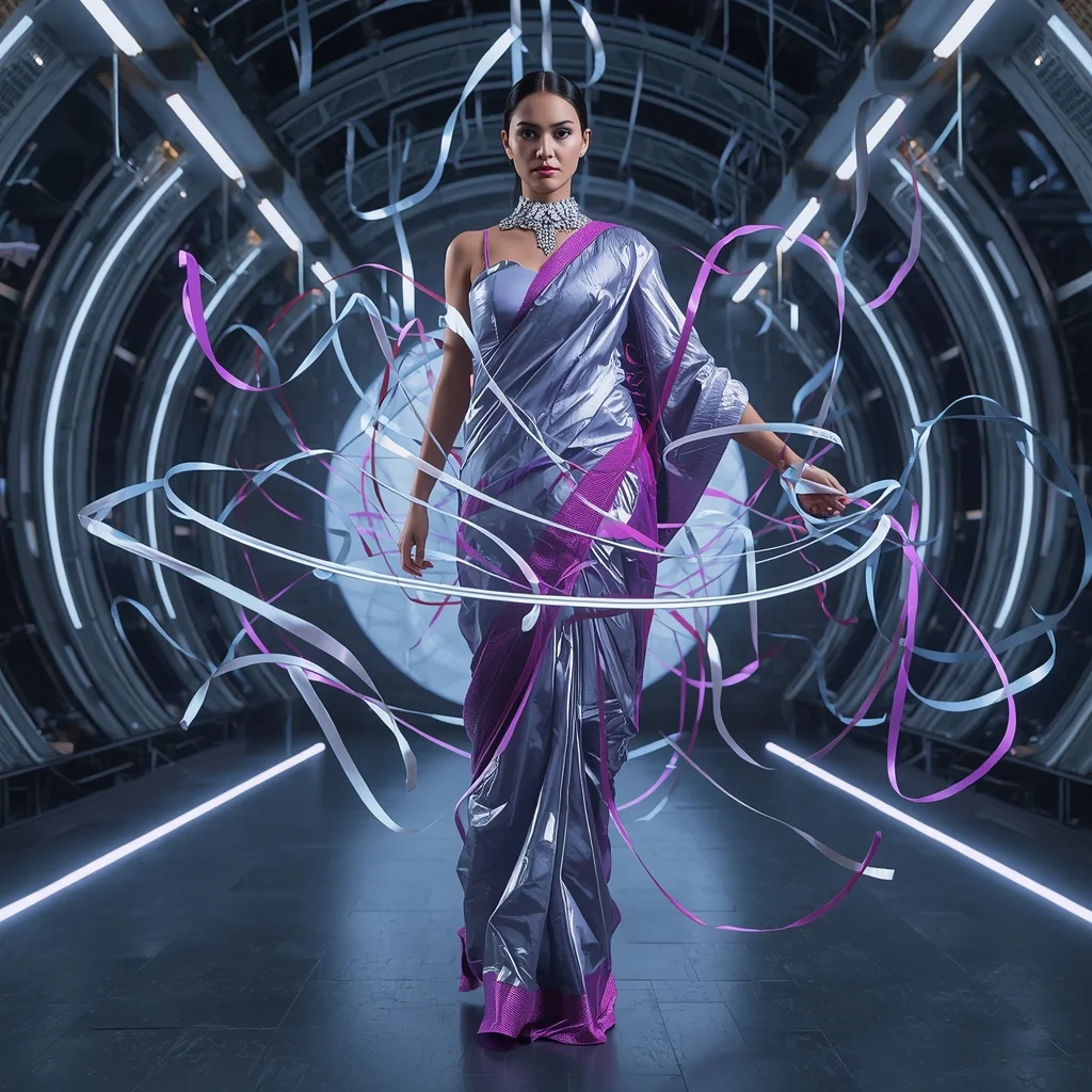 Floating Magnetic Ribbon Saree with Orbiting Fabric Strands | Prompt Ai