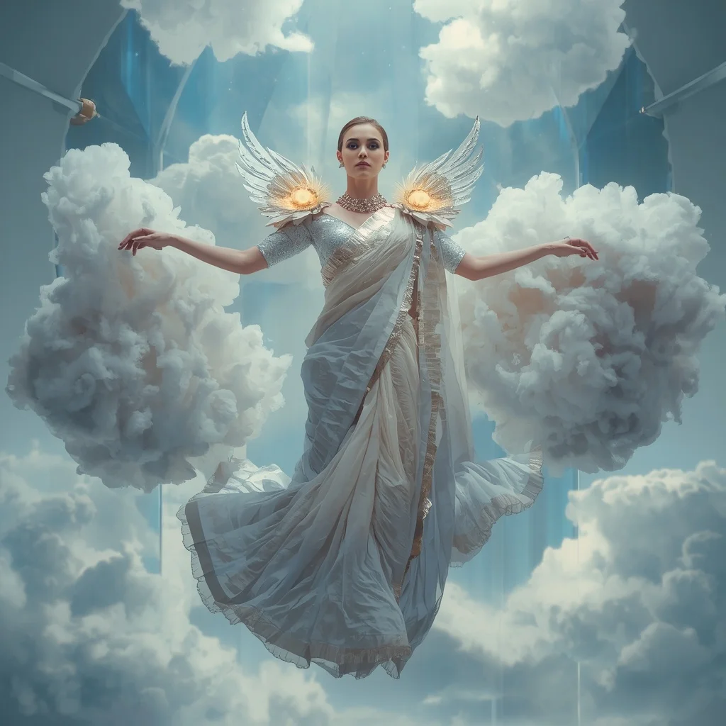 Floating Metallic Feather Cloud Saree with Sky Chamber | Ai Image Generator Prompt