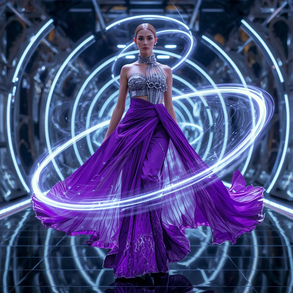 Floating Neon Spiral Saree with Orbital Fabric Motion | Text To Image Prompt