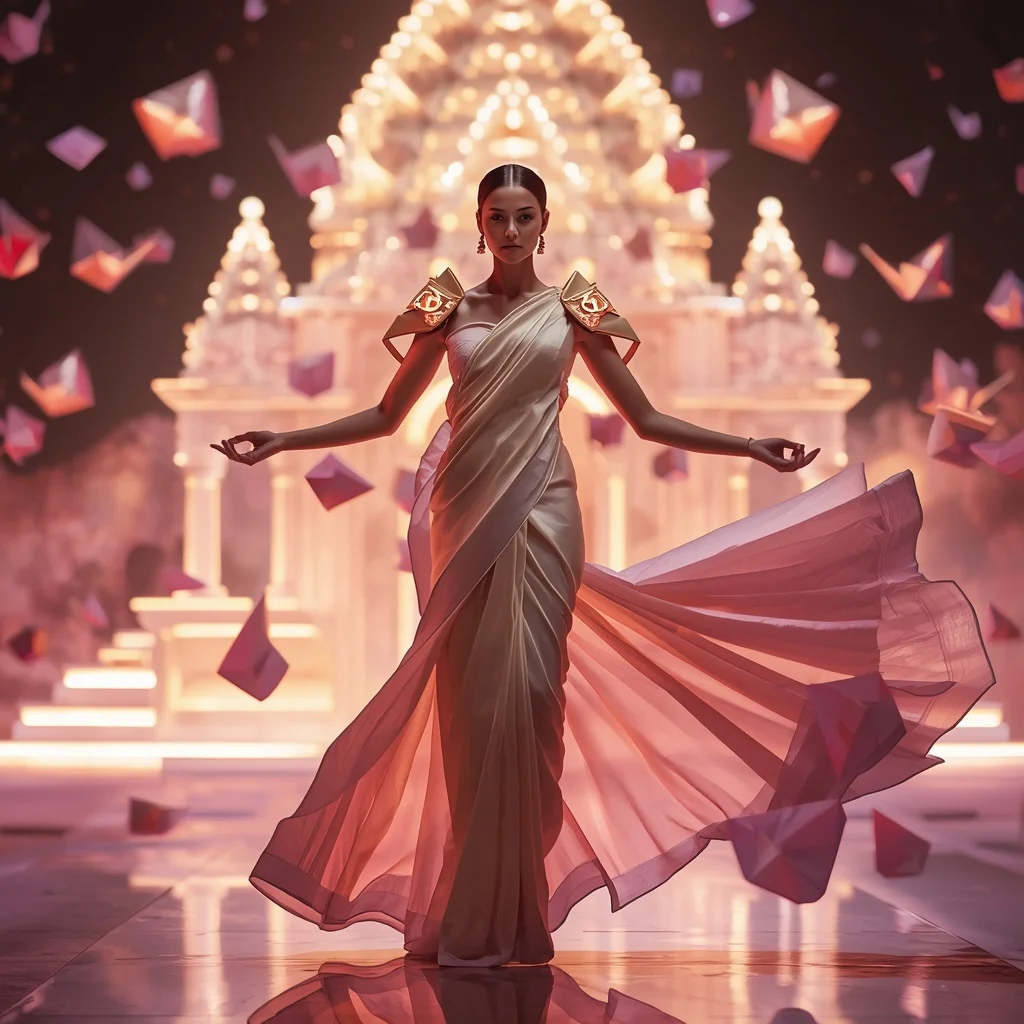 Floating Origami Light Temple Saree with Neon Sacred Geometry | Travel Ai Prompt