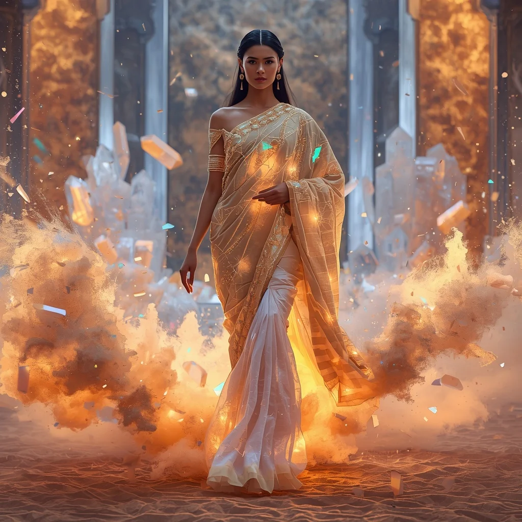 Floating Prism Sand Saree with Crystal Desert Storm | Realistic Ai Prompt