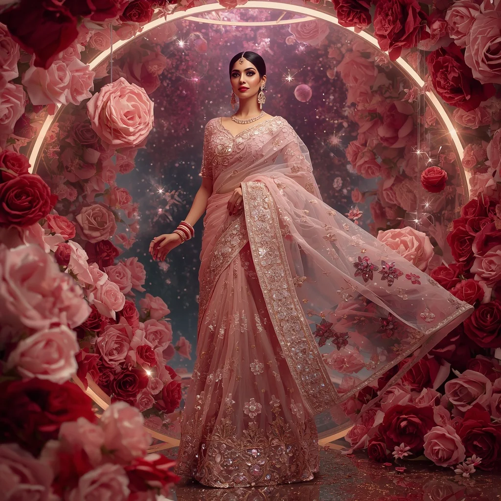Floating Rose Crystal Cosmos Saree with Luxury Floral Galaxy Fortress | Prompt Seen Gemini Girl Instagram