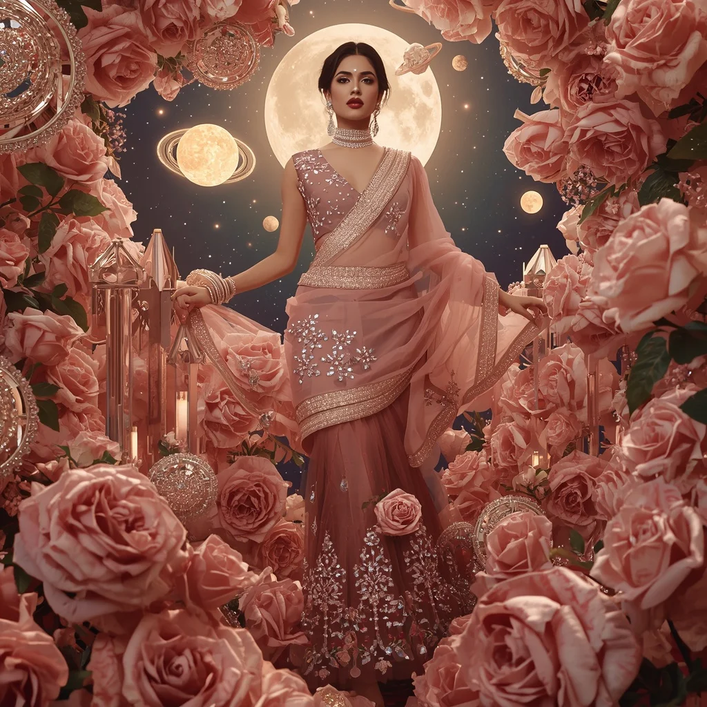Floating Rose Crystal Galaxy Sun Saree with Luxury Floral Cosmos | Fitness Model Ai Prompt