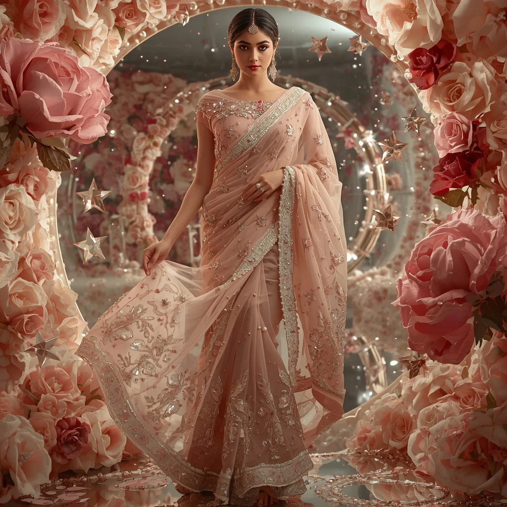 Floating Rose Crystal Star Kingdom Saree with Luxury Floral Cosmos | Female Model Ai Prompt