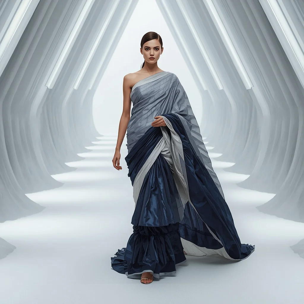 Fractal Silk Architecture Saree with Infinite Folding Runway Hall | Prompt Seen Girl Photo Editing Chatgpt Download