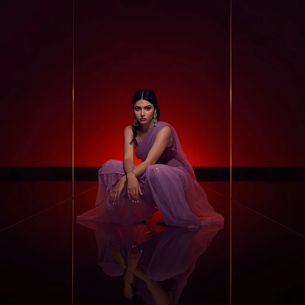 Frosted Lavender Organza Saree – Deep Squat Pose with Sunset Infinity Mirror | Pre Wedding Ai Prompt