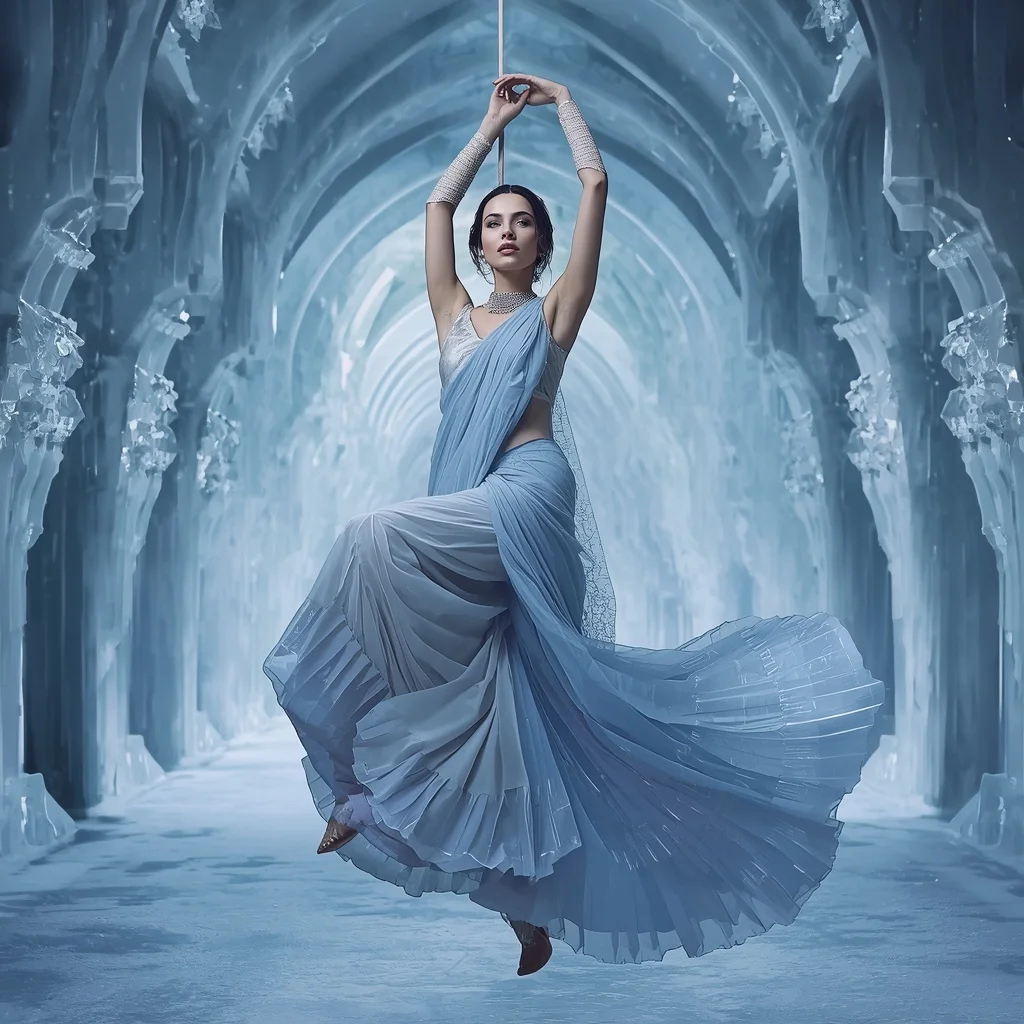 Frozen Aurora Bone Crystal Saree with Ice Cathedral Rift Hall | Female Model Ai Prompt