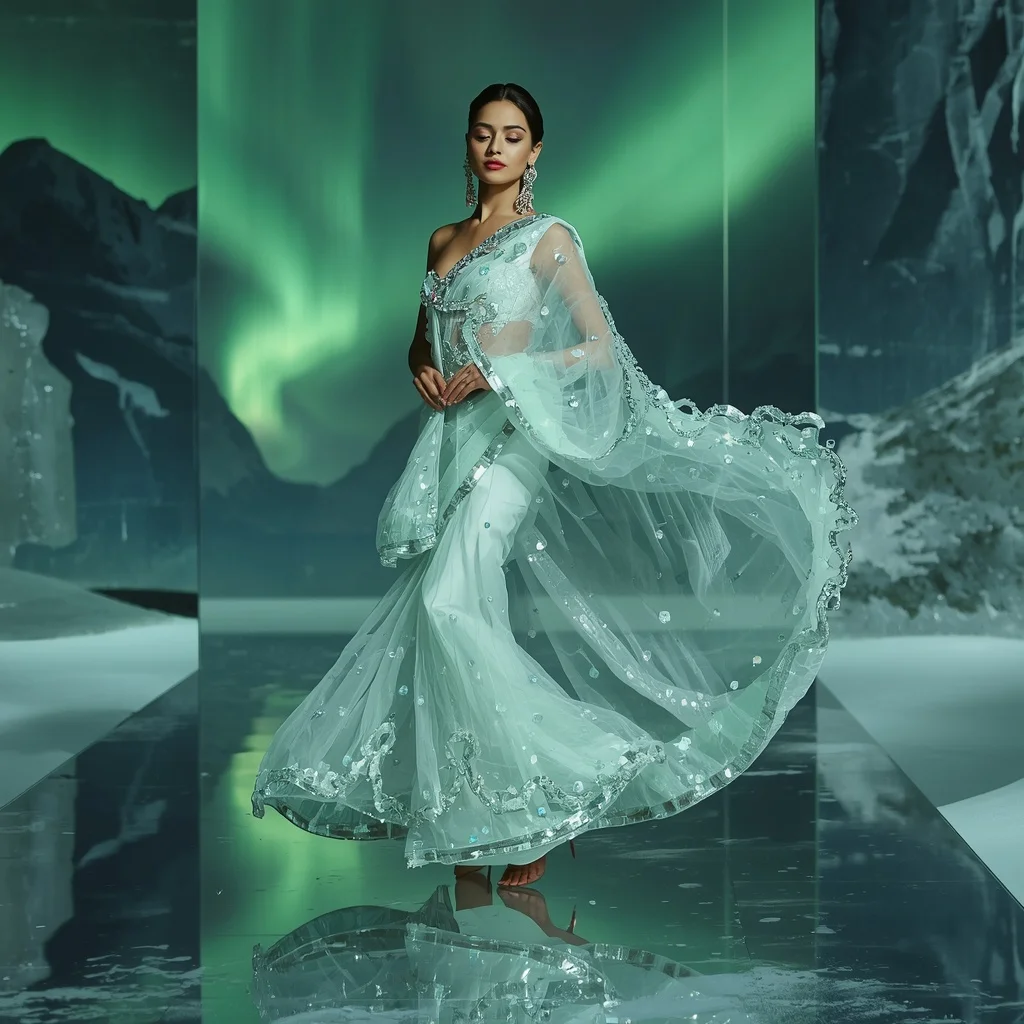 Frozen Aurora Serpent Saree – Futuristic Glam Saree with Floating Pose and Aurora Serpent Reflection Hall Background | Prompt For Traditional Look For Girl Instagram