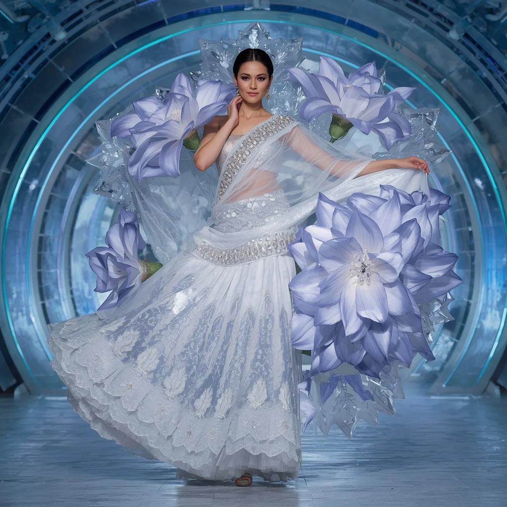 Frozen Crystal Lily Saree with Ice Aurora Hall | Image Prompt