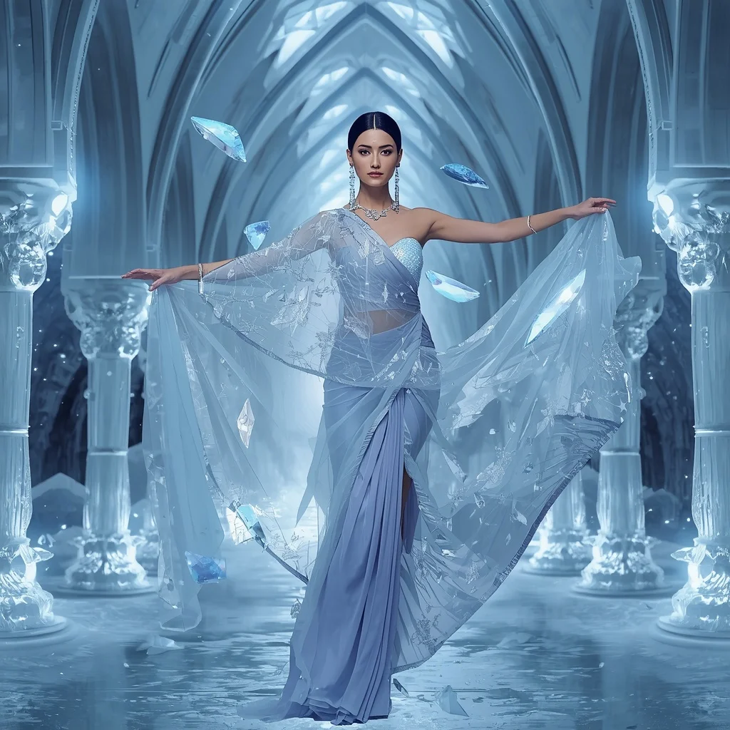 Frozen Crystal Rift Saree with Ice Dimension Cathedral | Makeup Ai Prompt