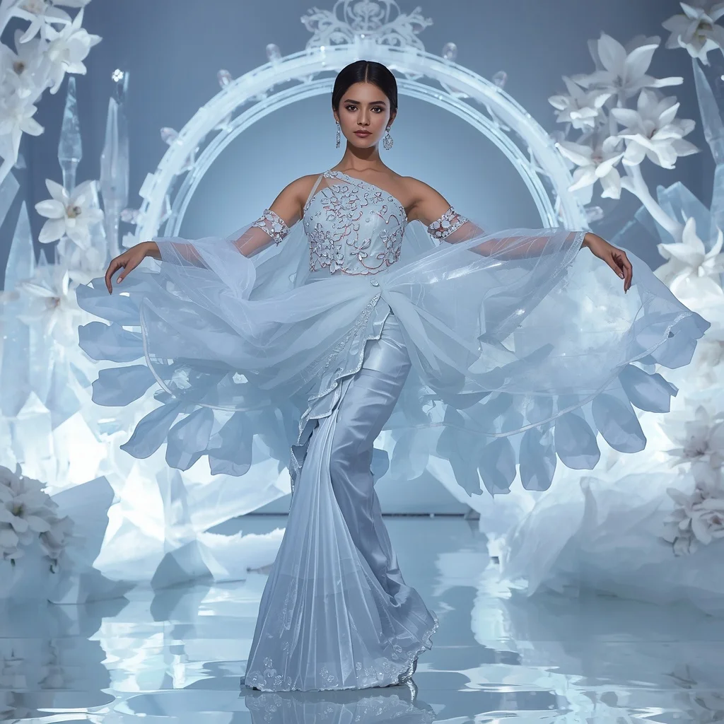 Frozen Crystal Sakura Dominion Bloom Saree – Elegant Ice Couture Saree with Floating Ballet Pose and Sakura Dominion Crystal Garden Background | Woman Pose Ai Prompt