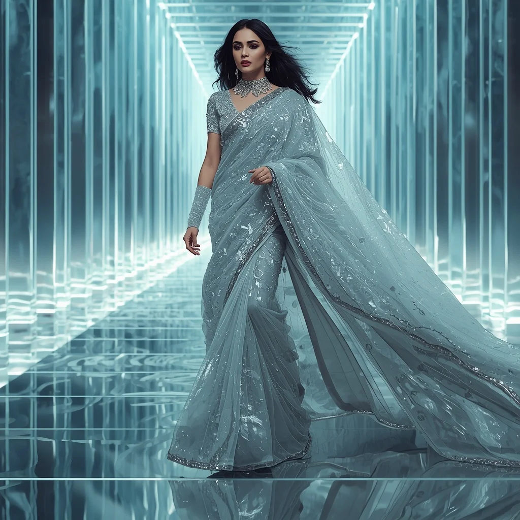 Frozen Diamond Mirage Saree with Crystal Beam Reflection Infinity Orbit Hall | Beautiful Woman Ai Prompt