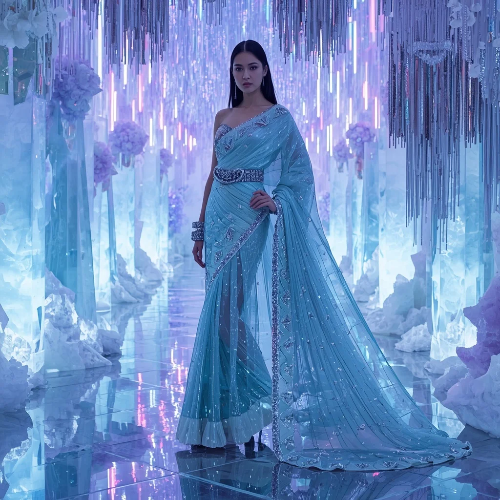 Frozen Diamond Mirage Saree with Neon Wave Crystal Sanctuary | Trending Prompt Girls Instagram