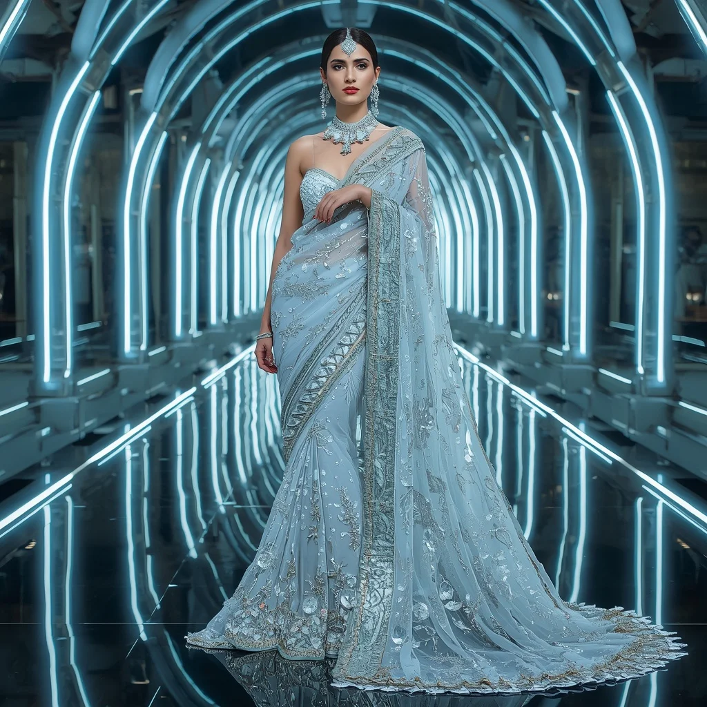 Frozen Diamond Nova Saree with Infinity Ice Orbit Palace | Indian Girl Ai Prompt