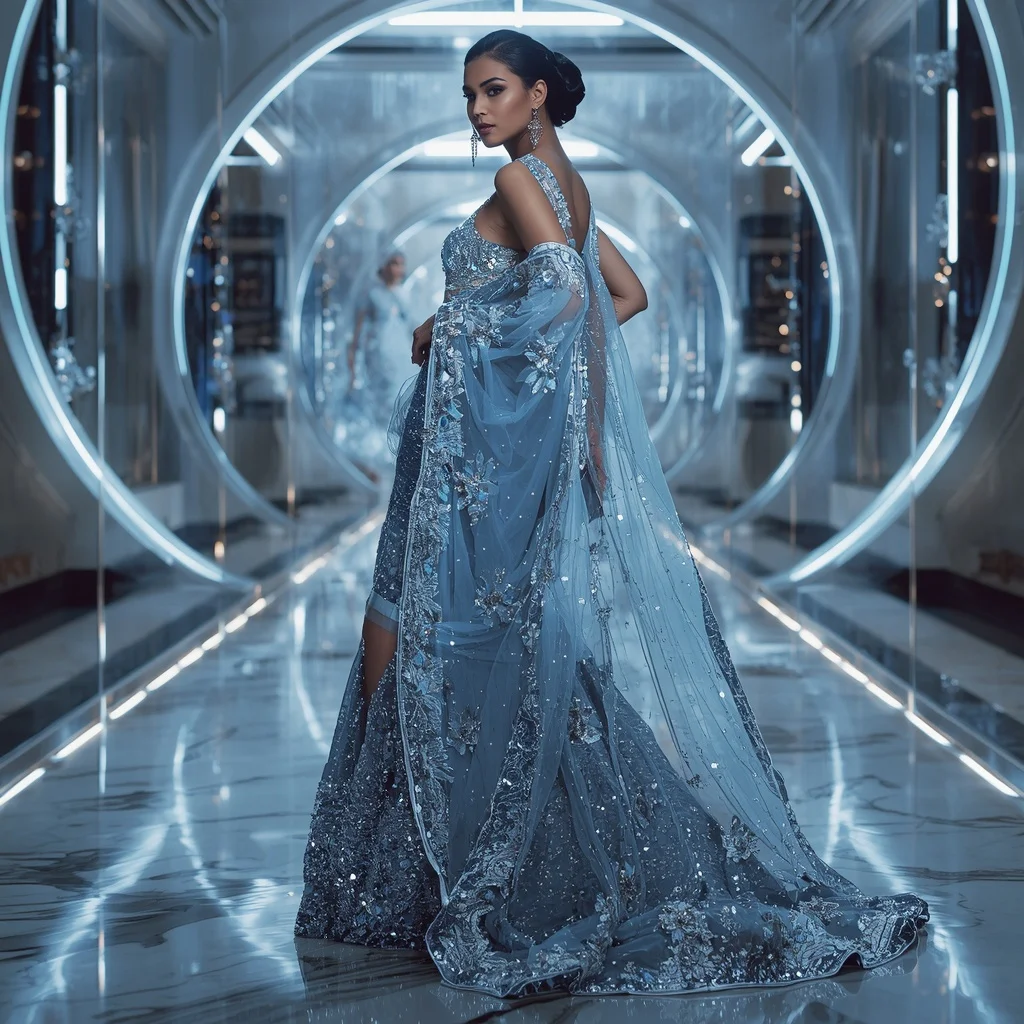 Frozen Dynasty Saree with Floating Orbit Reflection Corridors | Style Ai Prompt