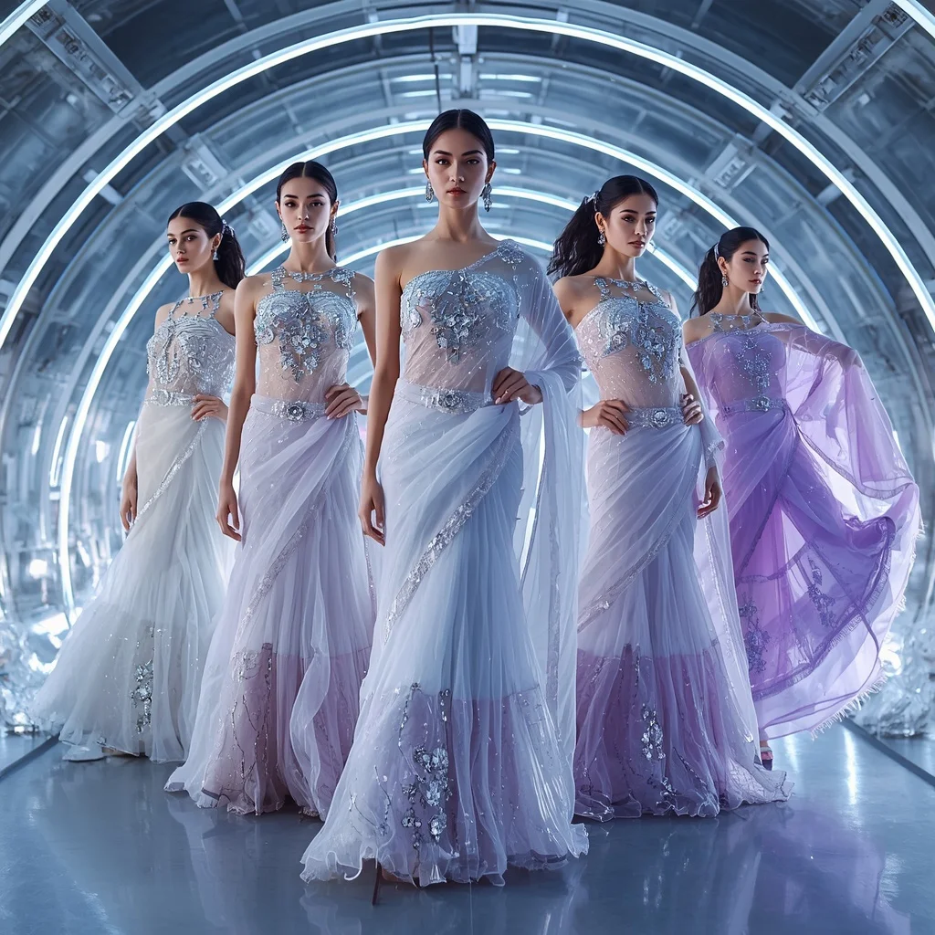 Frozen Moonstone Saree with Five Fashion Frames and Ice Prism Tunnel | Saree Pose Ai Prompt