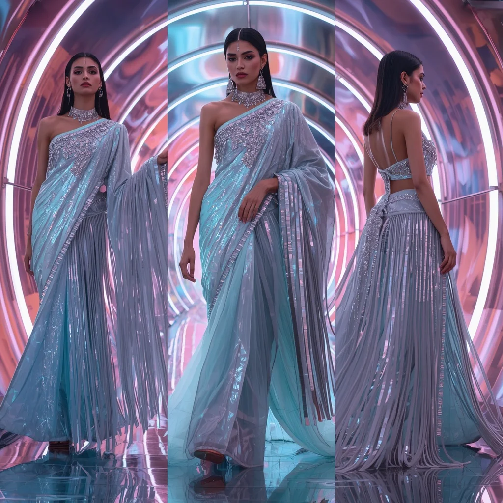 Frozen Prism Royale Saree with Curved Halo Corridor | Leonardo Ai Image Prompt