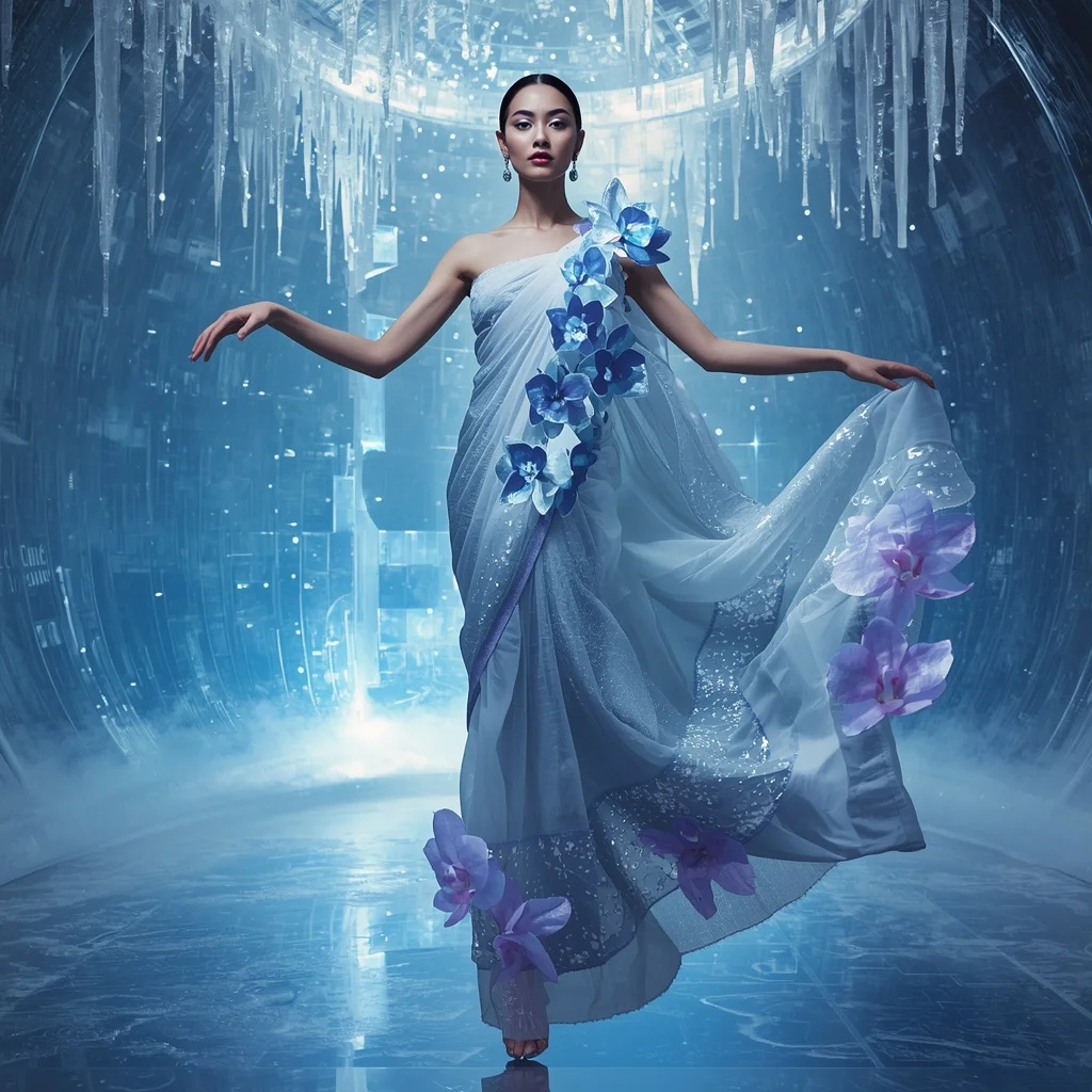 Frozen Quantum Orchid Saree with Ice Data Chamber | Viral Ai Image Prompt