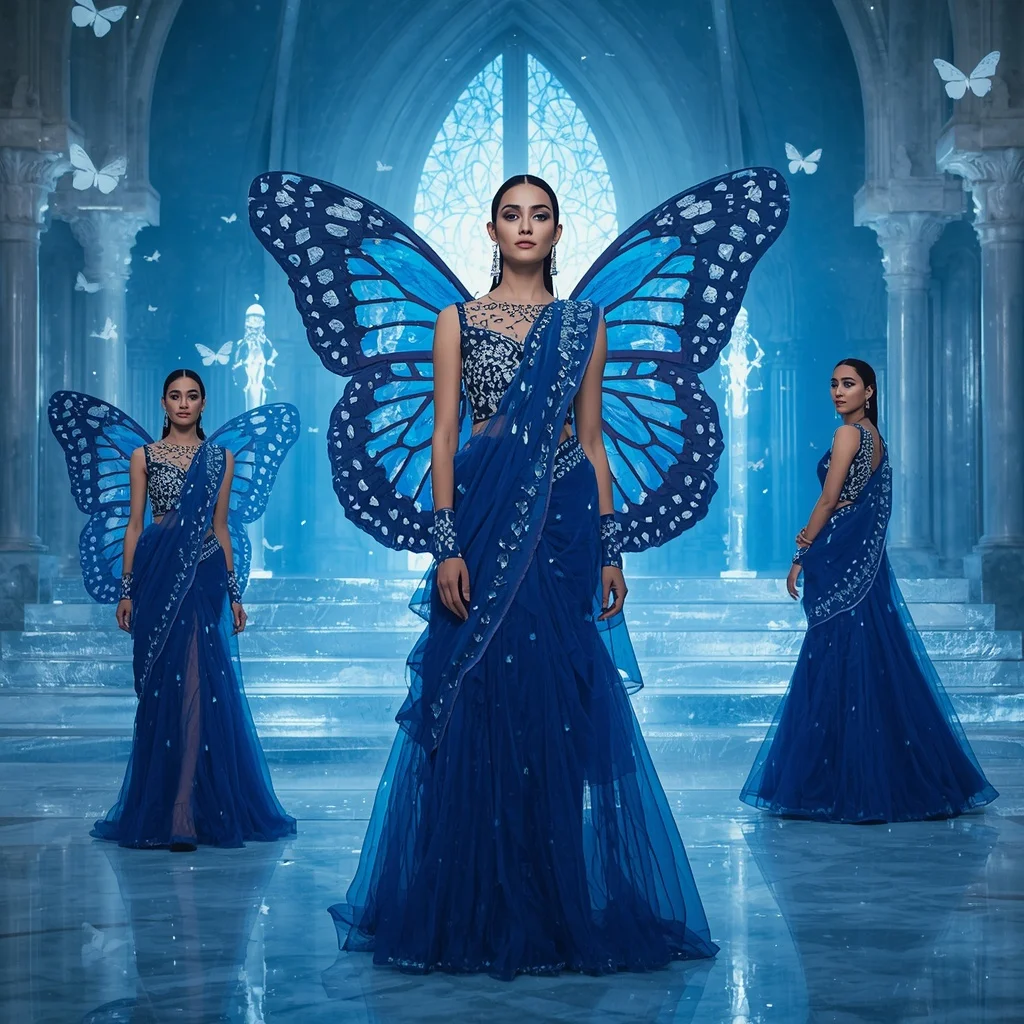 Frozen Sapphire Butterfly Saree with Multi Pose Ice Fantasy Cathedral Background | Ai Prompt For Instagram