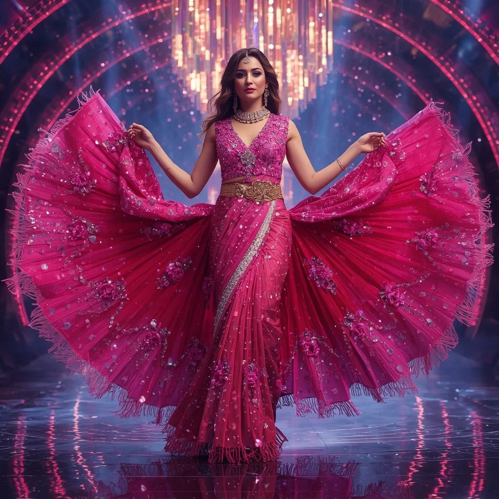 Fuchsia Blossom Crystal Fan Saree with Dreamlight Jewel Crystal Celestial Palace | New Ai Prompt Girl