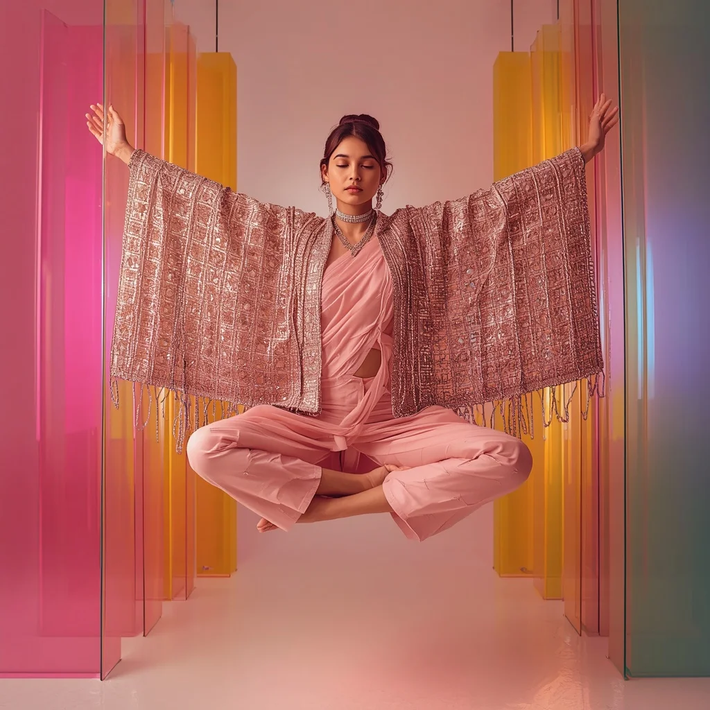 Full Body Dense Diamond Mesh Pastel Pink Saree Floating Pose | Character Design Ai Prompt