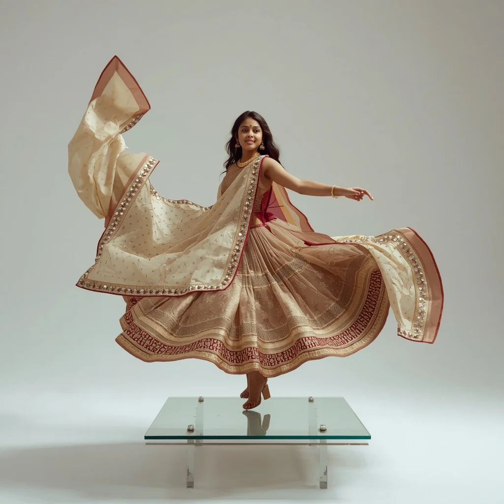 Full Body Dynamic Saree Twirl on Floating Glass Platform | Ai Portrait Prompt