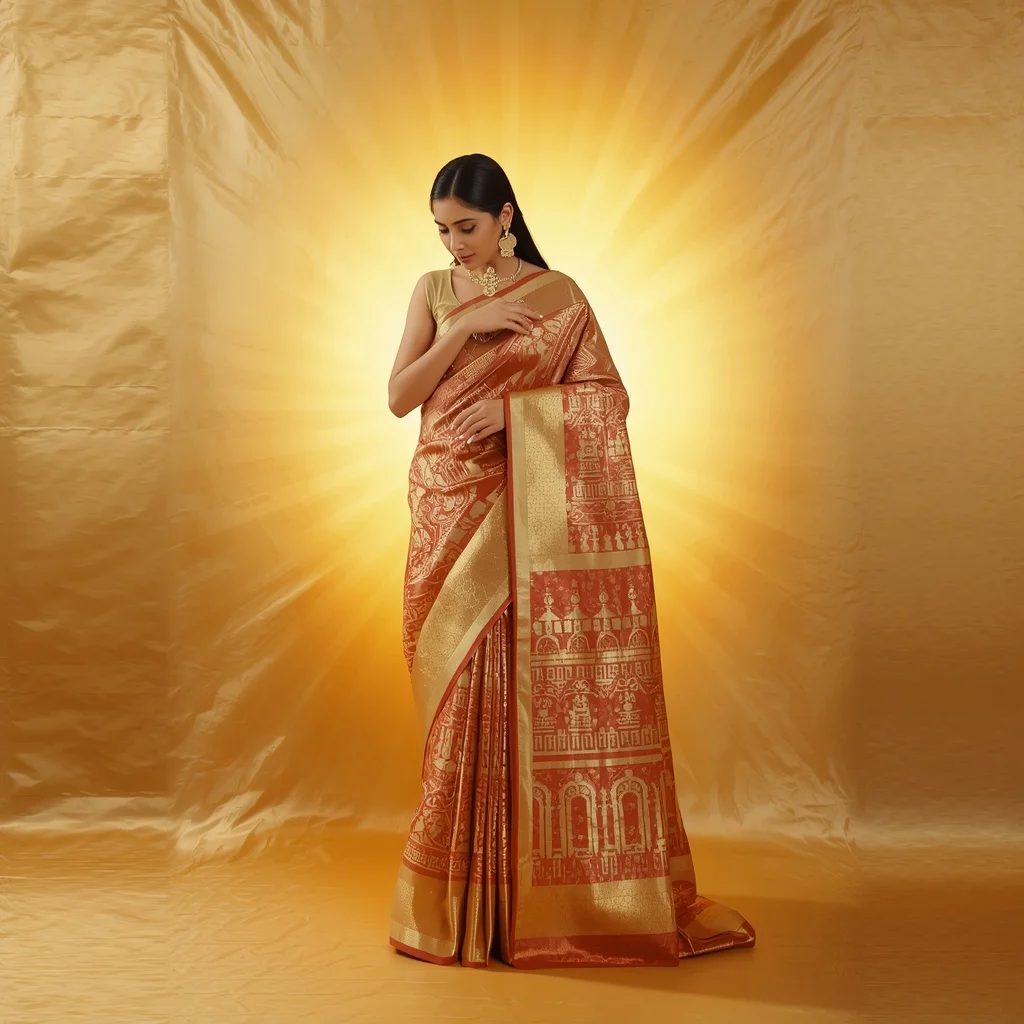 Full Body Graceful Saree Pallu Adjustment Pose on Golden Silk Aura | New Instagram Trend Prompt For Girl