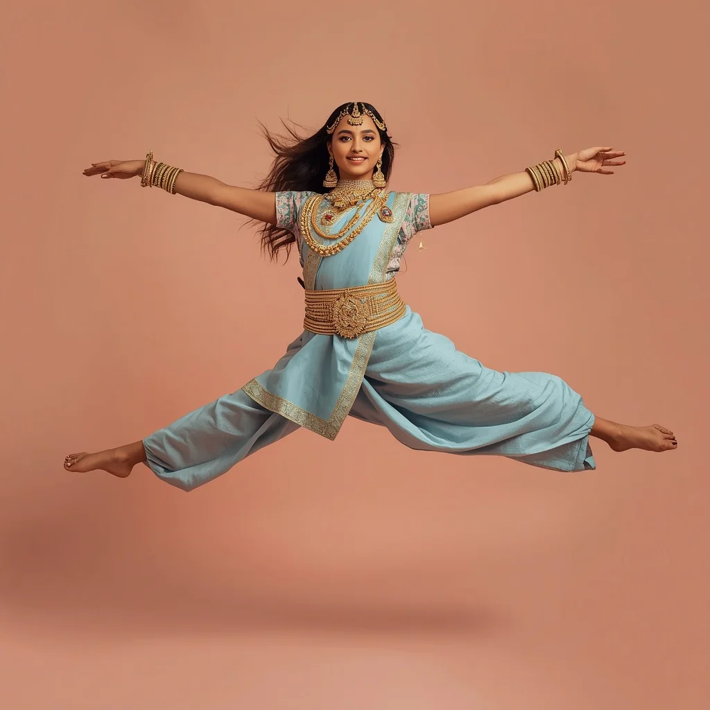 Full Body Heavy Kundan Harness Pastel Blue Saree Split Leap | Prompt For Gemini AI Girl Model