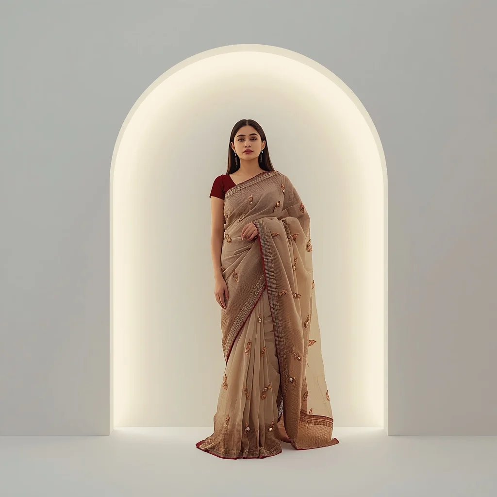 Full Body Modern Saree Lean on Glowing Archway | New Instagram Trend Prompt For Girl And Boy Copy And Paste