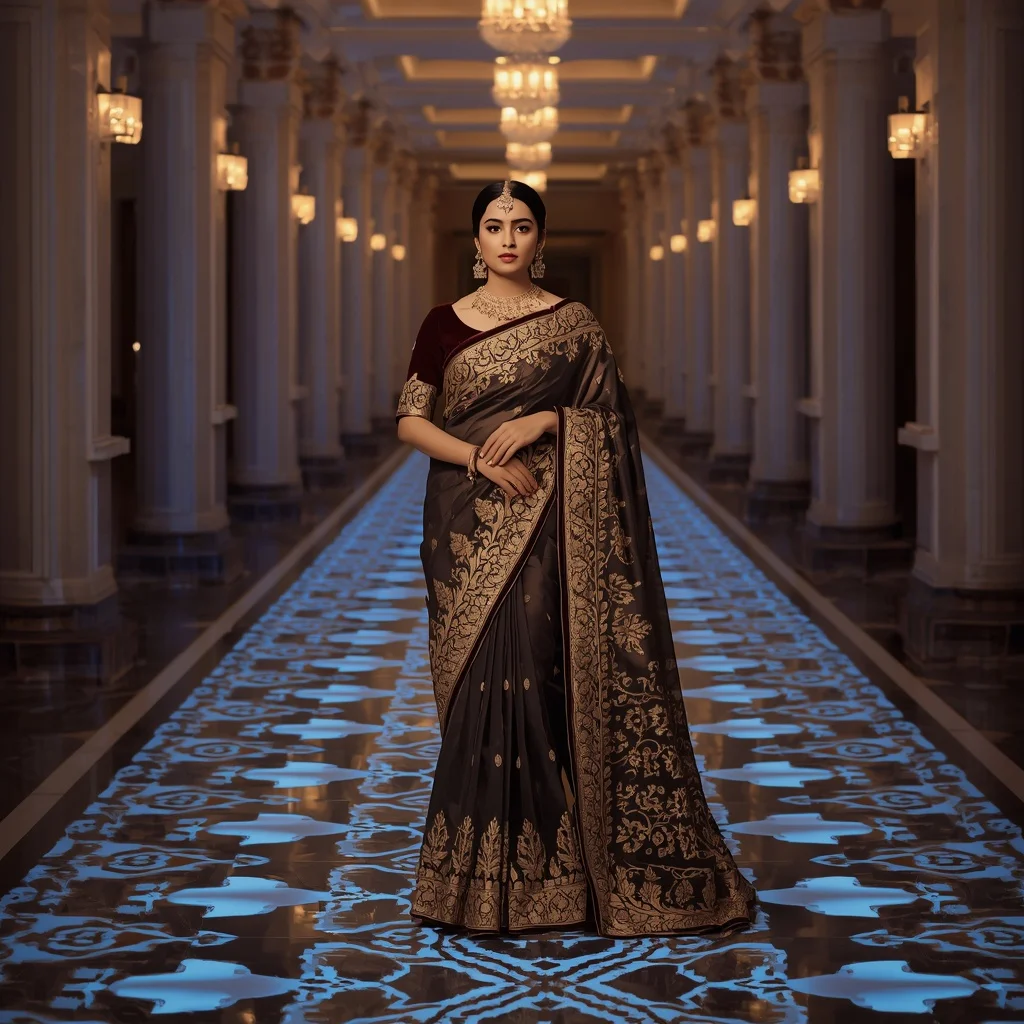 Full Body Royal Heritage Saree Stance in Bioluminescent Palace Corridor | Indian Girl Ai Prompt