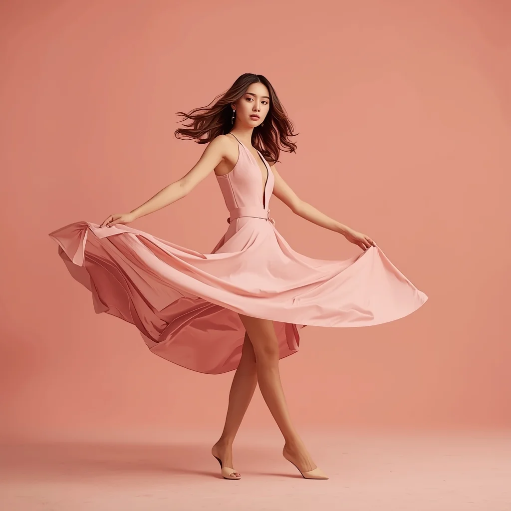Full Body Soft Blush Pink Studio Twirl Pose with Romantic Fabric Flow | Gemini Prompt