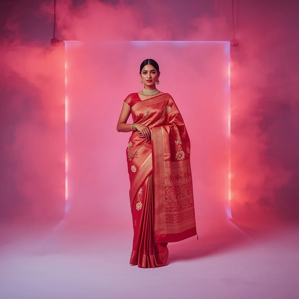 Full Body Symmetrical Saree Pose in Neon Dream Mist Studio | Saree Ai Prompt
