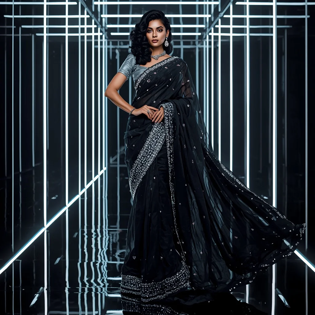 Futuristic Black Diamond Saree with Fierce Editorial Spiral Curl and Neon Reflection Hall Background | Attitude Ai Prompt