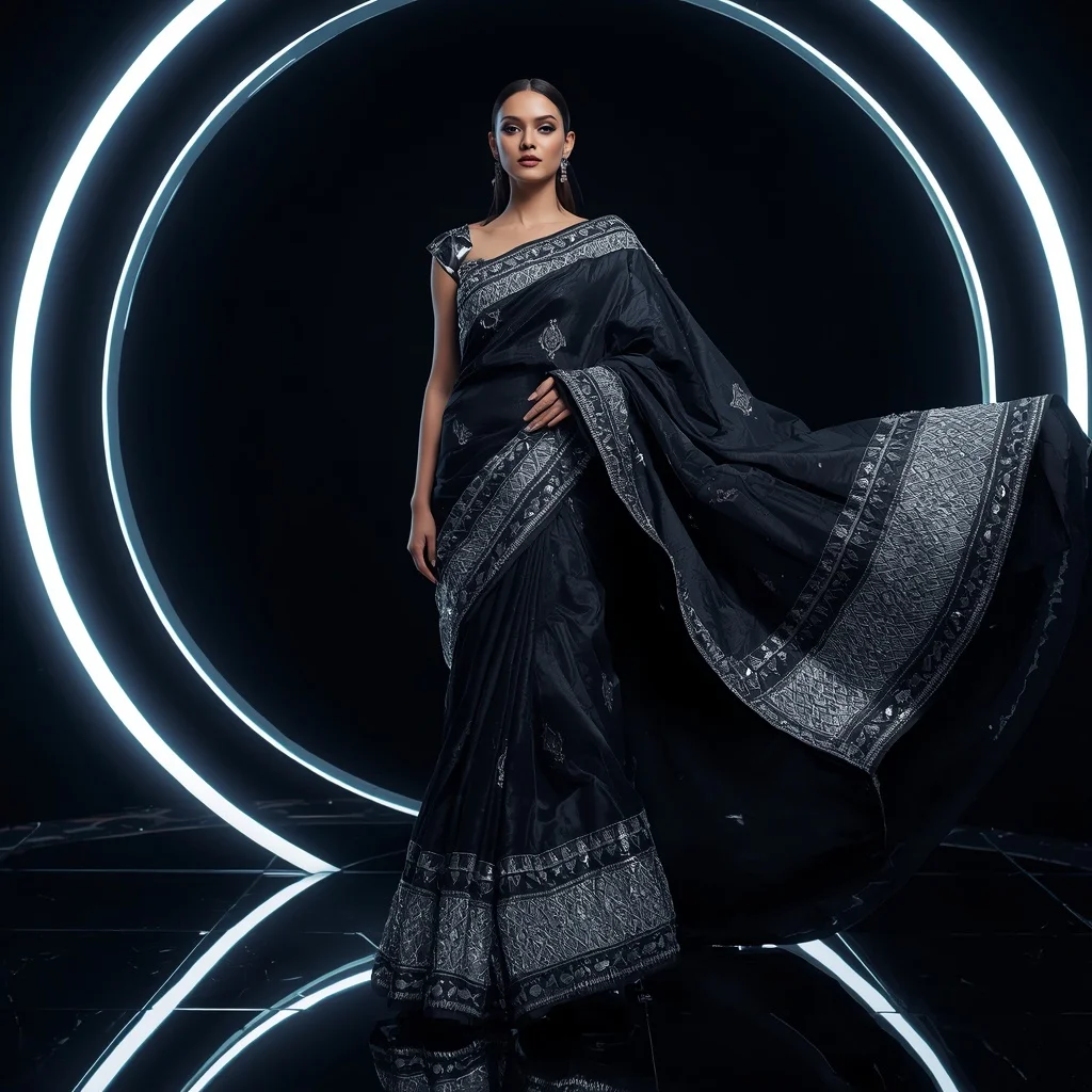 Futuristic Black Mirror Saree with Fierce Editorial Spiral Air Walk and Neon Reflection Ring Background | Grok Ai Prompt