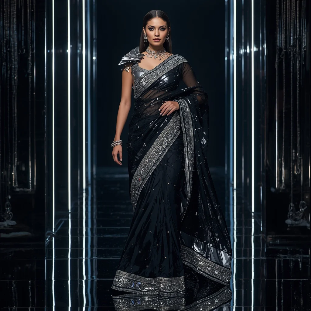 Futuristic Black Mirror Saree with Fierce Editorial Spiral Walk and Neon Reflection Palace Background | Prompt Seen Trending Girl 2026 Butterfly