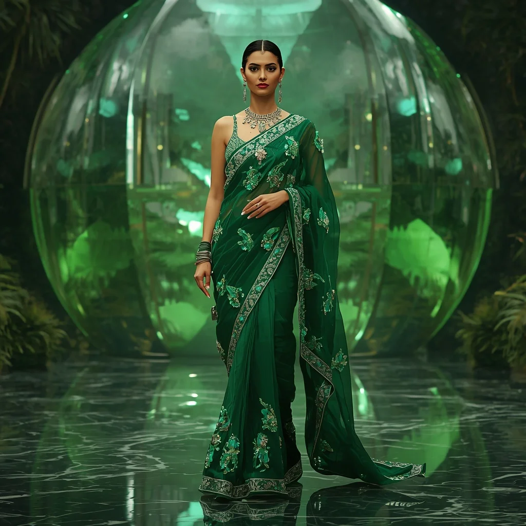 Futuristic Emerald Jungle Saree with Elegant Marble Editorial Walk and Floating Reflection Dome Background | Prompt Seen Horror Girl