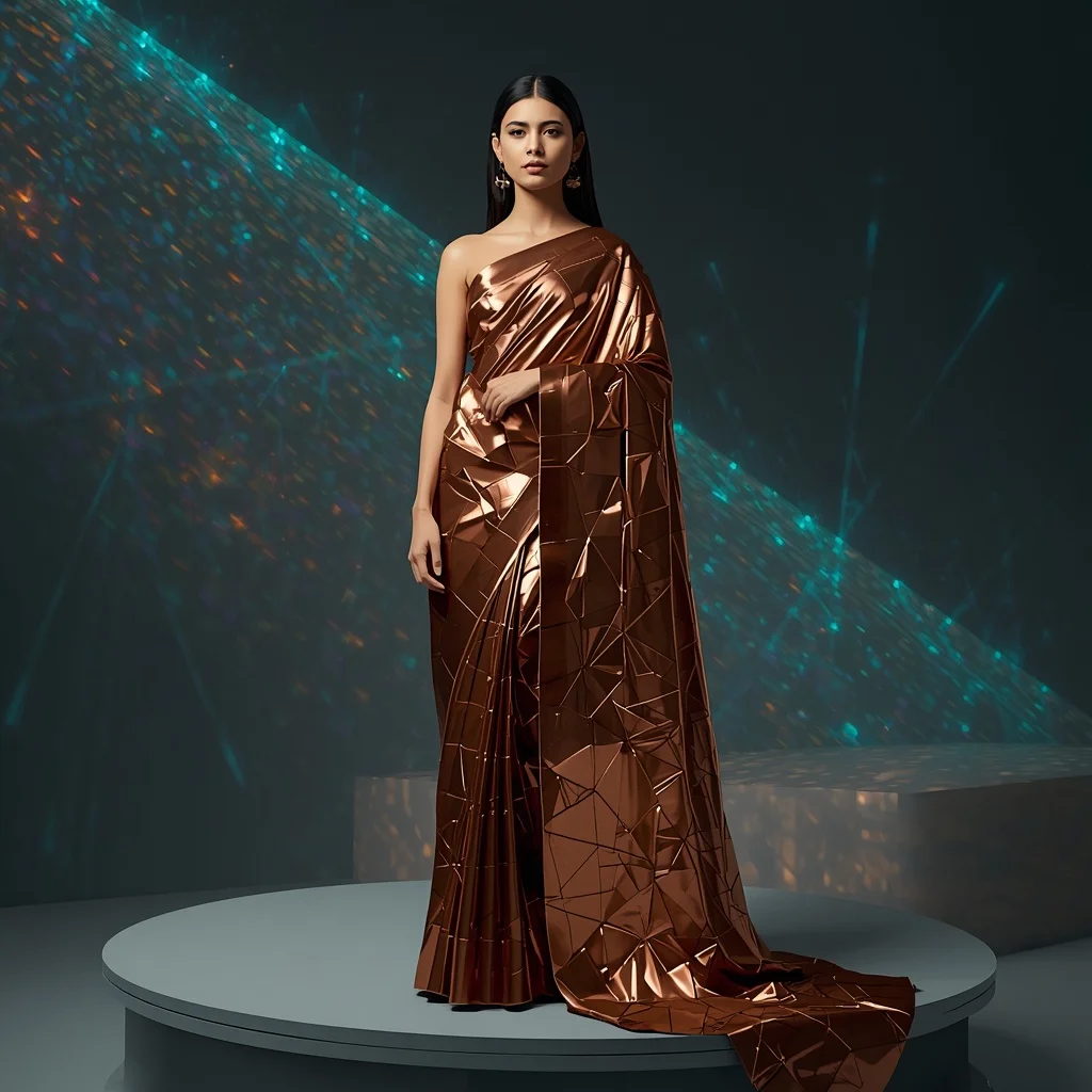 Futuristic Liquid Bronze and Copper Geometric Paneled Saree | Prompt For Traditional Look For Girl Chatgpt Instagram