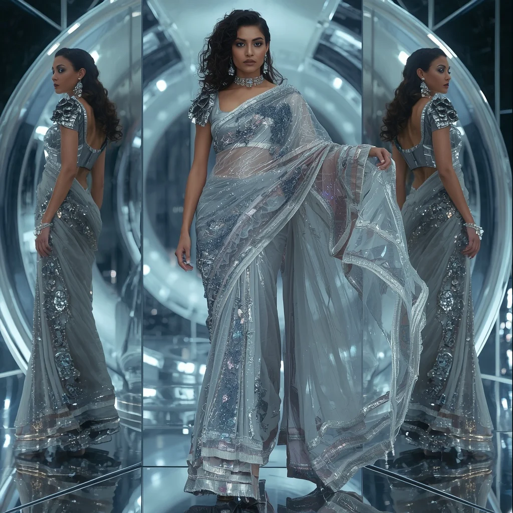 Futuristic Silver Galaxy Wave Saree with Sharp Editorial Curl Walk and Chrome Reflection Dome Background | Prompt Seen Horror Girl