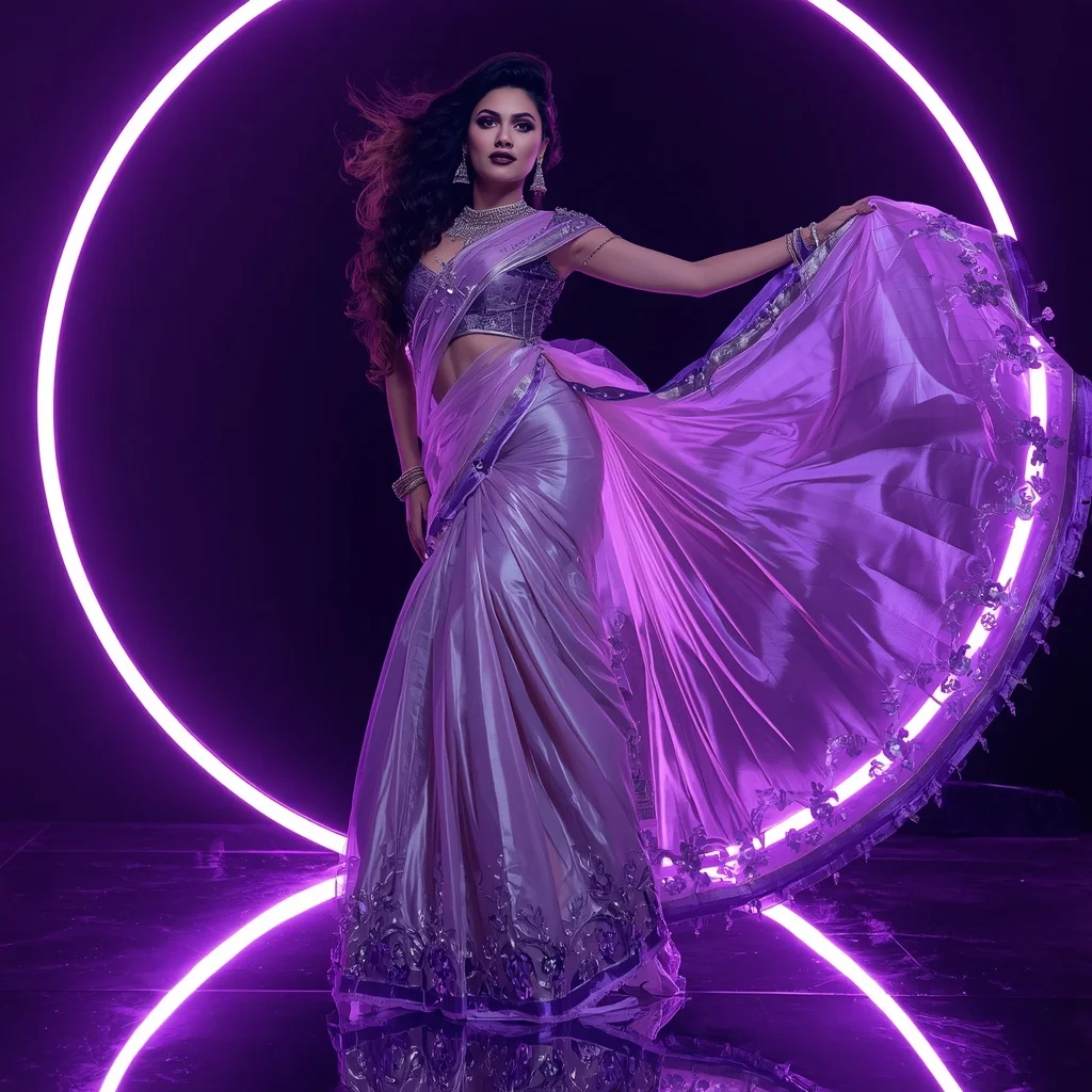 Futuristic Violet Aurora Saree with Dramatic Editorial Air Curl and Neon Reflection Ring Background | Girls Trending Prompt Gemini Instagram