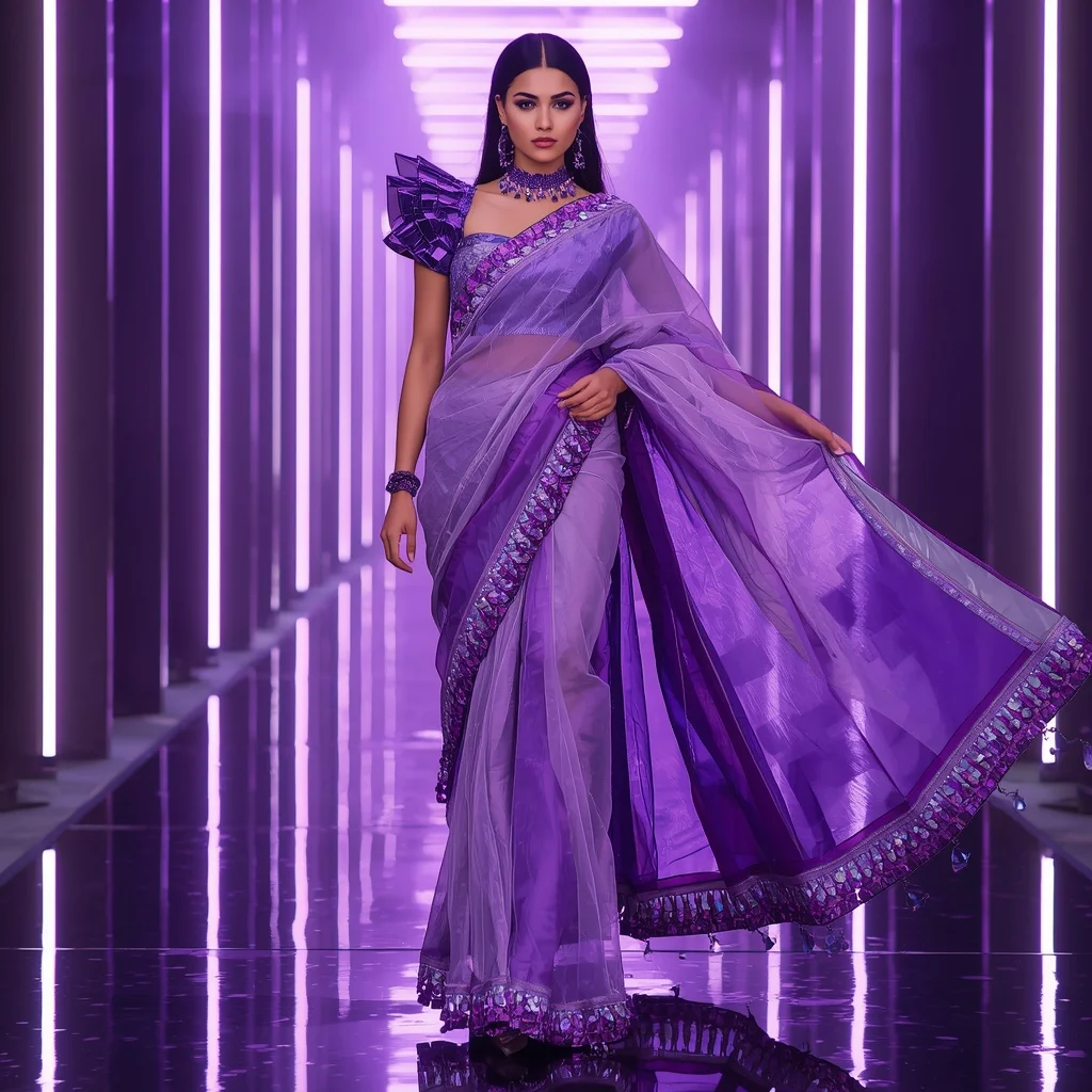 Futuristic Violet Aurora Saree with Dramatic Editorial Air Walk and Neon Reflection Palace Background | Woman Pose Ai Prompt