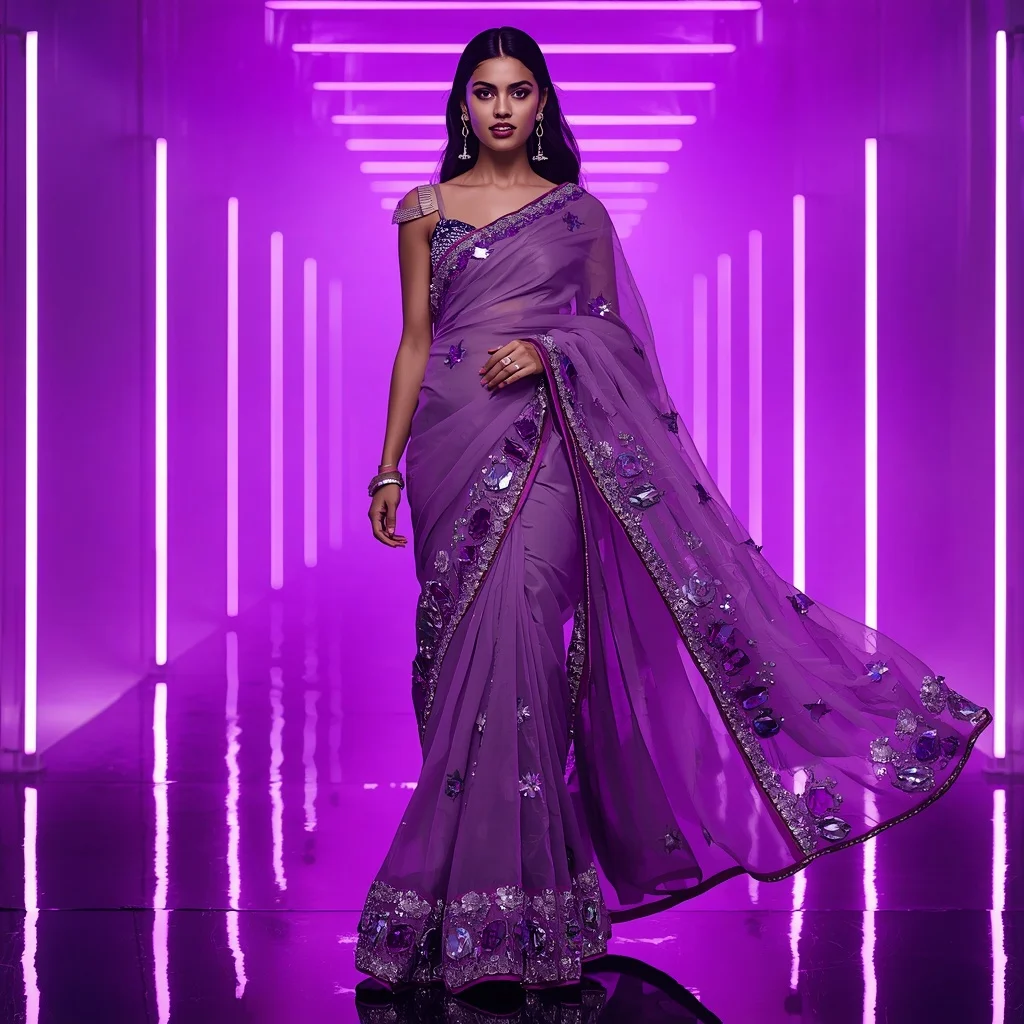 Futuristic Violet Aurora Saree with Dramatic Editorial Curl Walk and Neon Reflection Tunnel Background | Pre Wedding Ai Prompt
