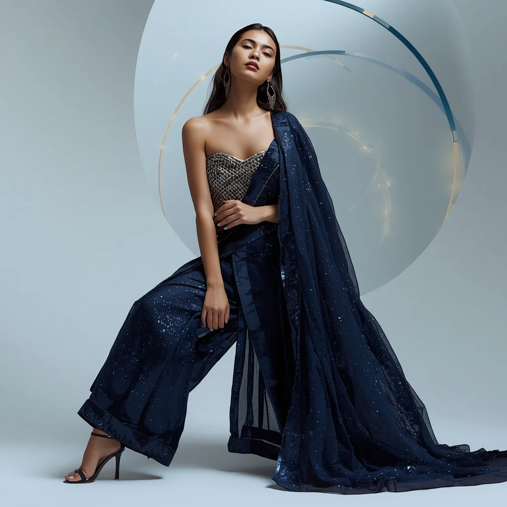Galactic Navy and Metallic Mesh Saree with Arc Lights | Trending Girl Photo Prompt