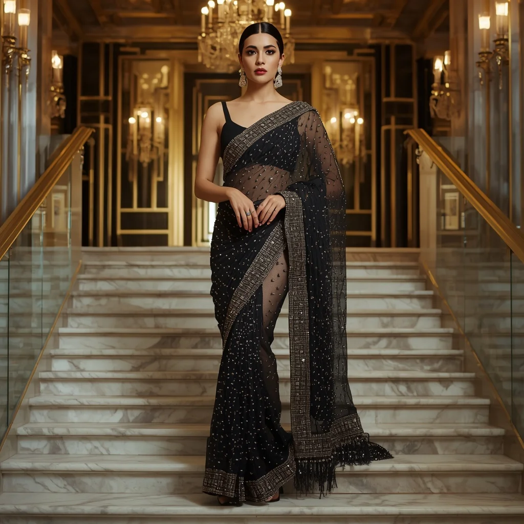 Geometric Glass-Beaded Saree in an Art Deco Hall | Prompt For Gemini Saree