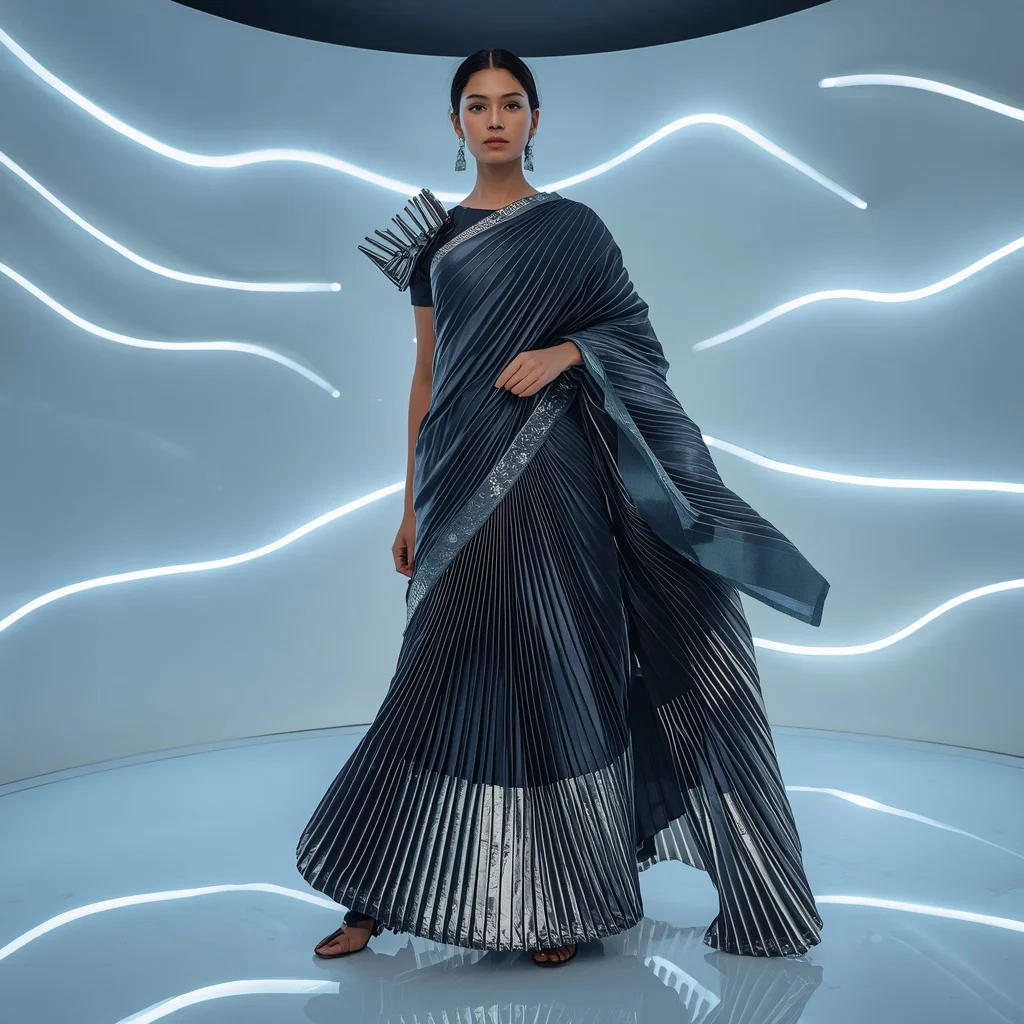 Geometric Kinetic Plissé Saree with Floating LED Wave Chamber | Prompt For Girl Photo Editing
