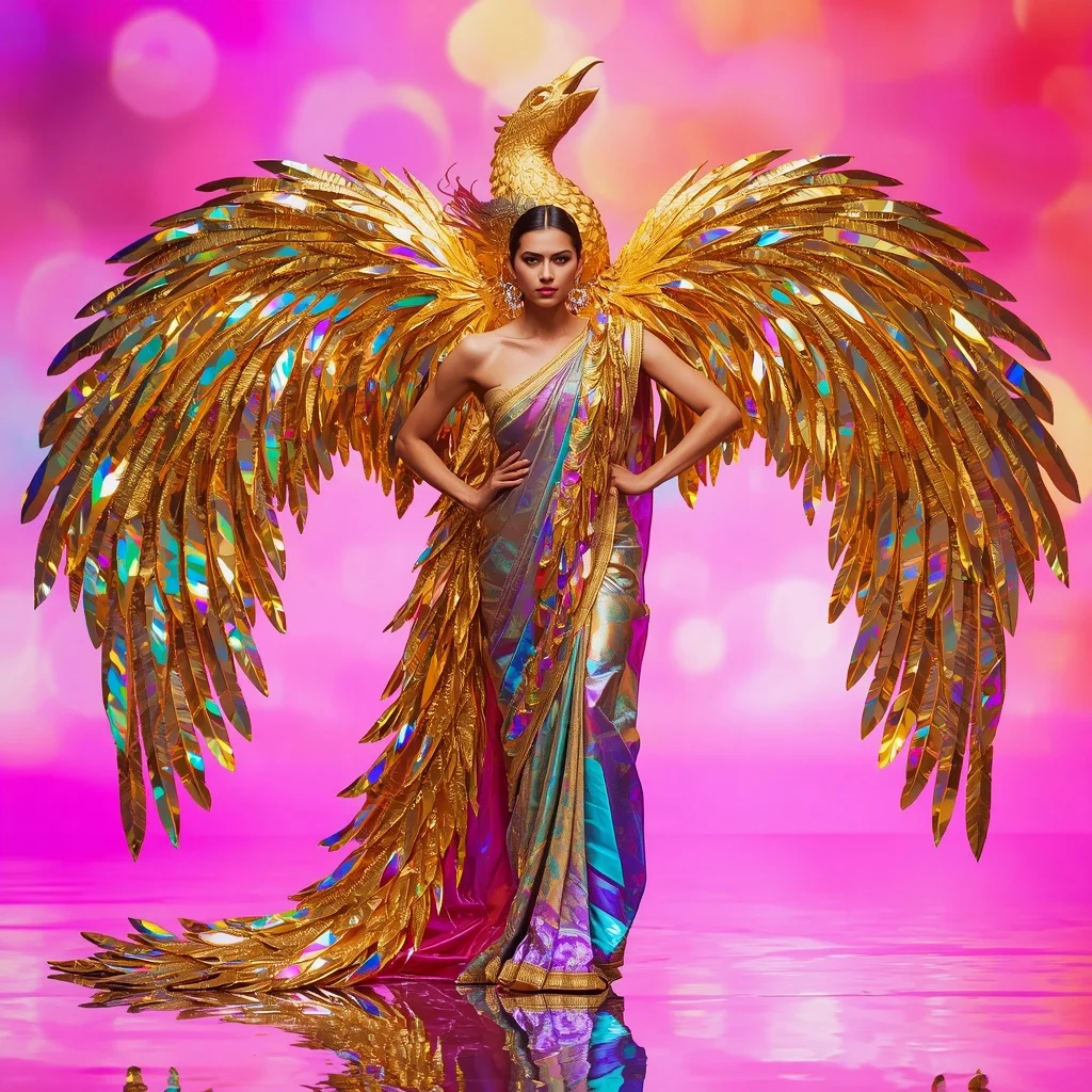 Giant 3D Sculpted Gold Phoenix Saree with Iridescent Prism Feathers | Text To Image Prompt