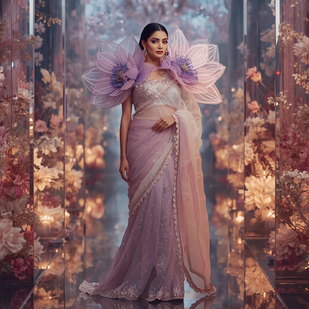 Giant Crystal Anemone Bloom Saree with Royal Floral Sanctuary | Gemini AI Photo Prompt Copy Paste Trending Girl 2026