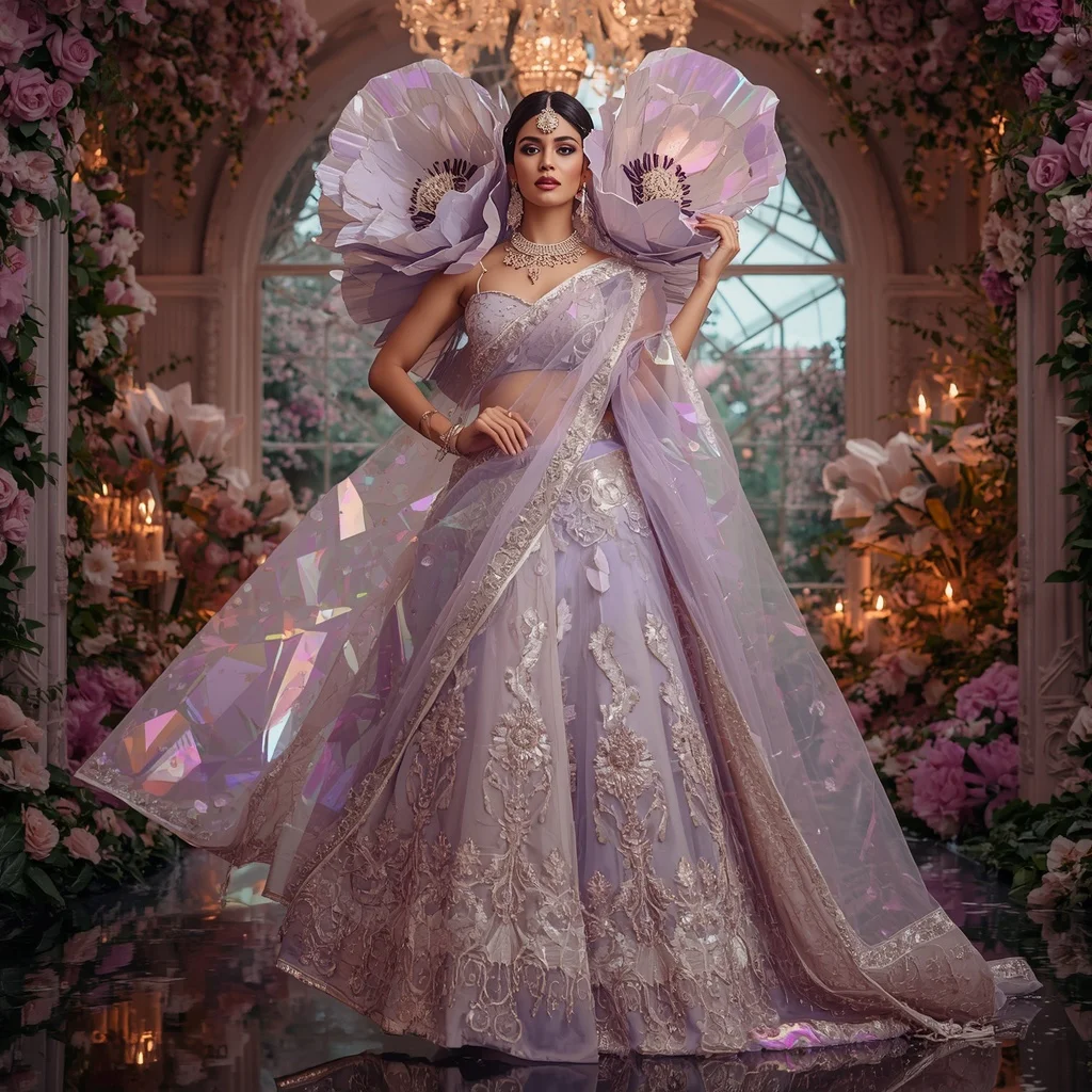 Giant Crystal Anemone Bloom Saree with Royal Floral Sanctuary | Prompt For Gemini