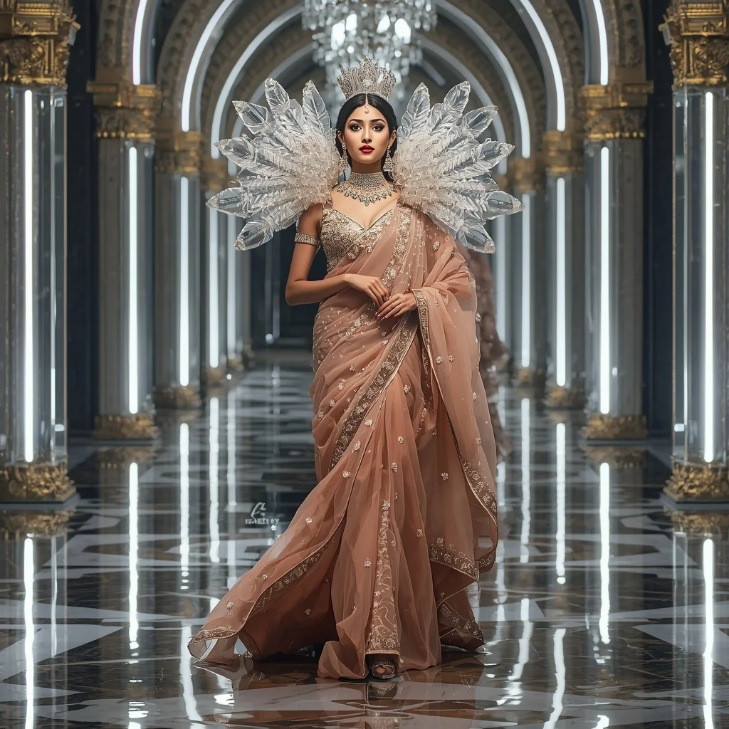 Giant Crystal Crown Tunnel Saree with Royal Mirror Corridor | Instagram Prompt For Traditional Look For Girl