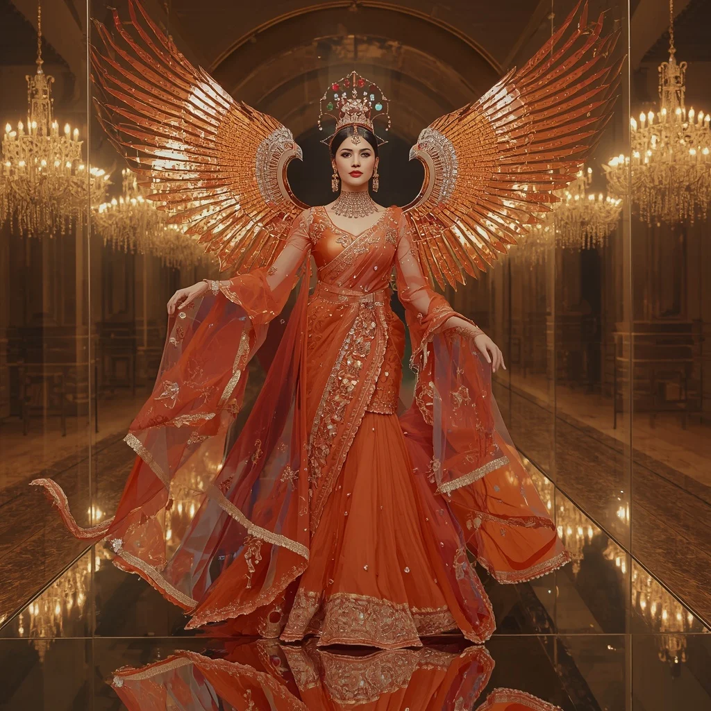 Giant Crystal Firebird Palace Saree with Reflection Kingdom Fortress | Leonardo Ai Image Prompt
