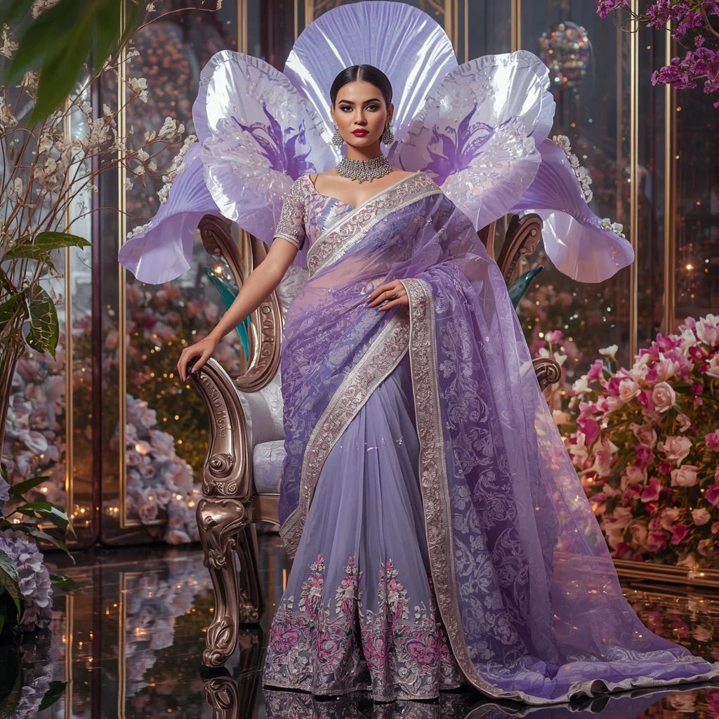 Giant Crystal Iris Throne Saree with Blooming Celestial Garden | Ideogram Ai Prompt